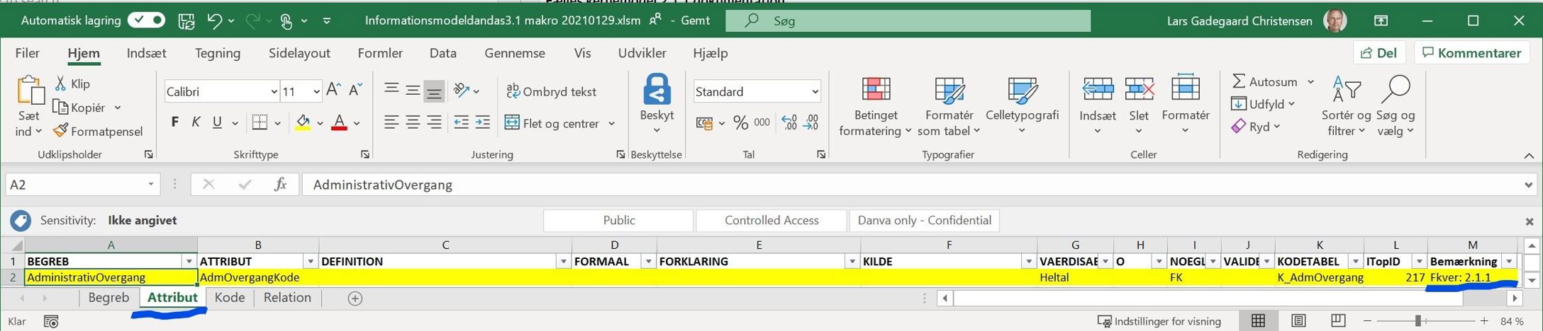 Excel ark, der viser opdatering